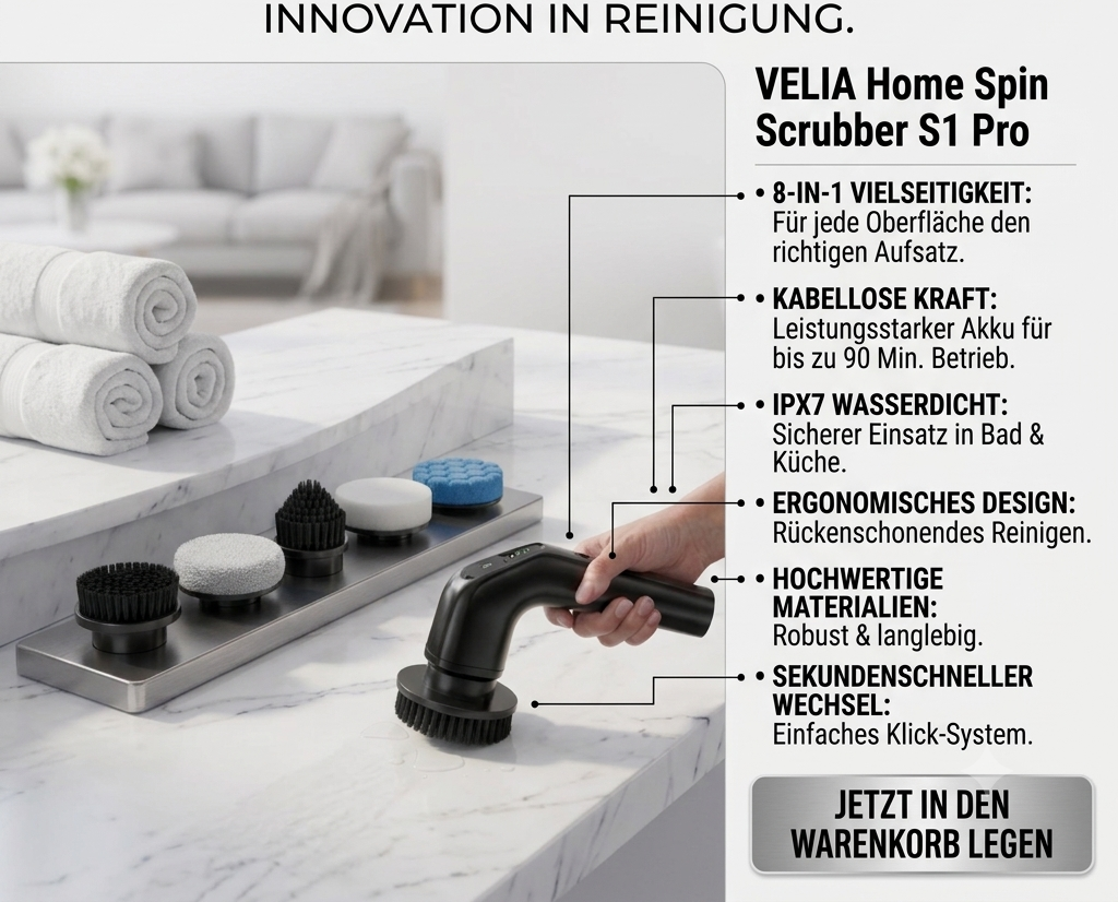 Elektrische Reinigungsbürste mit Teleskopstange – 8 in 1 Akku Spin Scrubber für Bad, Fliesen & Küche