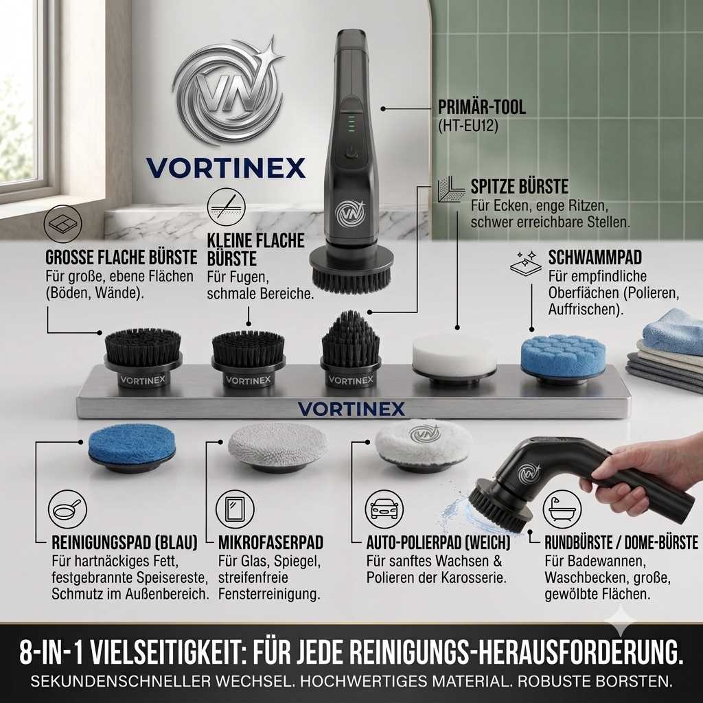Elektrische Reinigungsbürste mit Teleskopstange – 8 in 1 Akku Spin Scrubber für Bad, Fliesen & Küche