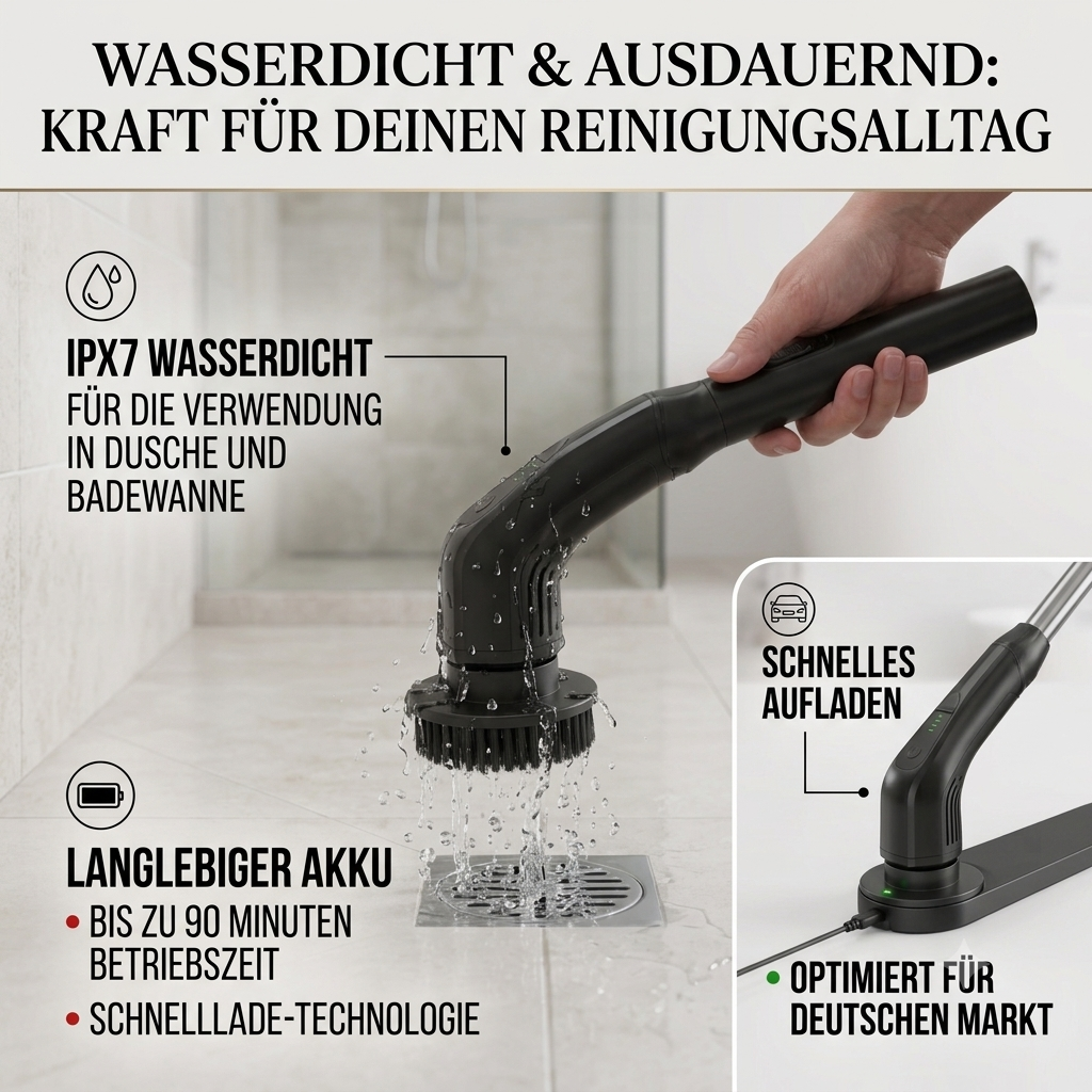 Elektrische Reinigungsbürste mit Teleskopstange – 8 in 1 Akku Spin Scrubber für Bad, Fliesen & Küche