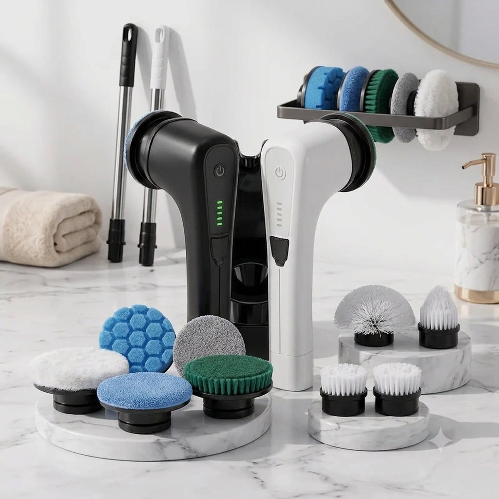 Elektrische Reinigungsbürste mit Teleskopstange – 8 in 1 Akku Spin Scrubber für Bad, Fliesen & Küche