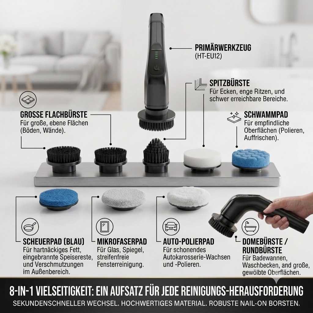 Elektrische Reinigungsbürste mit Teleskopstange – 8 in 1 Akku Spin Scrubber für Bad, Fliesen & Küche