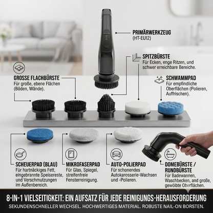 Elektrische Reinigungsbürste mit Teleskopstange – 8 in 1 Akku Spin Scrubber für Bad, Fliesen & Küche